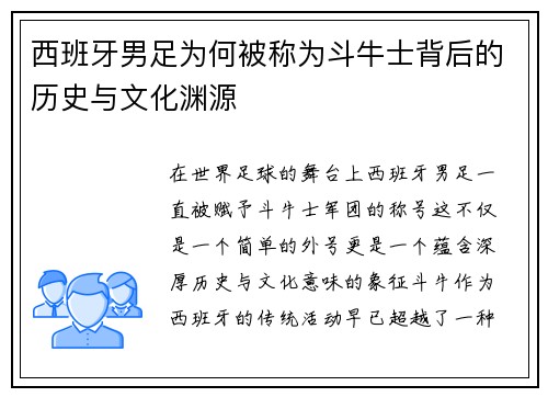 西班牙男足为何被称为斗牛士背后的历史与文化渊源